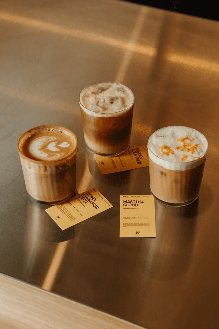 Specialty coffee drinks with signature recipe menu cards